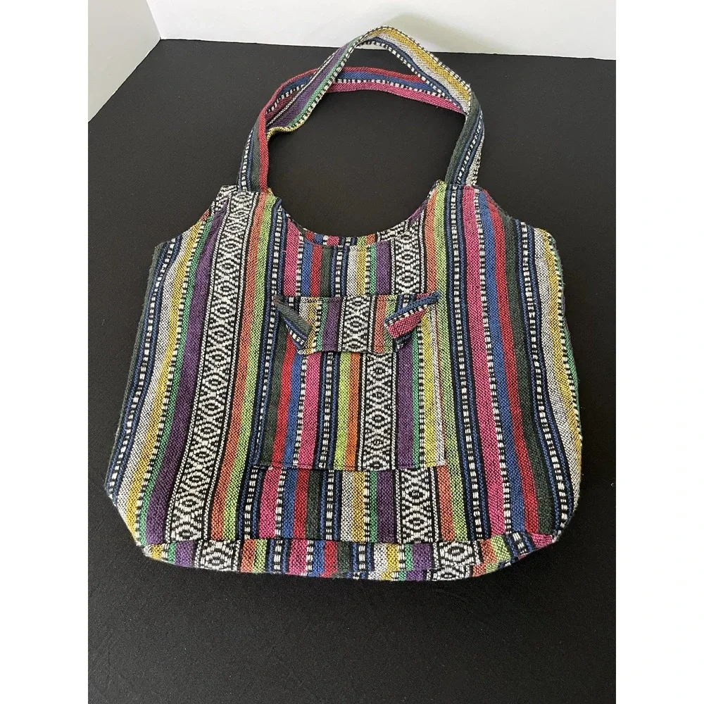 Boho Woven Cotton Hobo Bag Multicolor Stripe Hippie Tribal Shoulder Purse Tote
